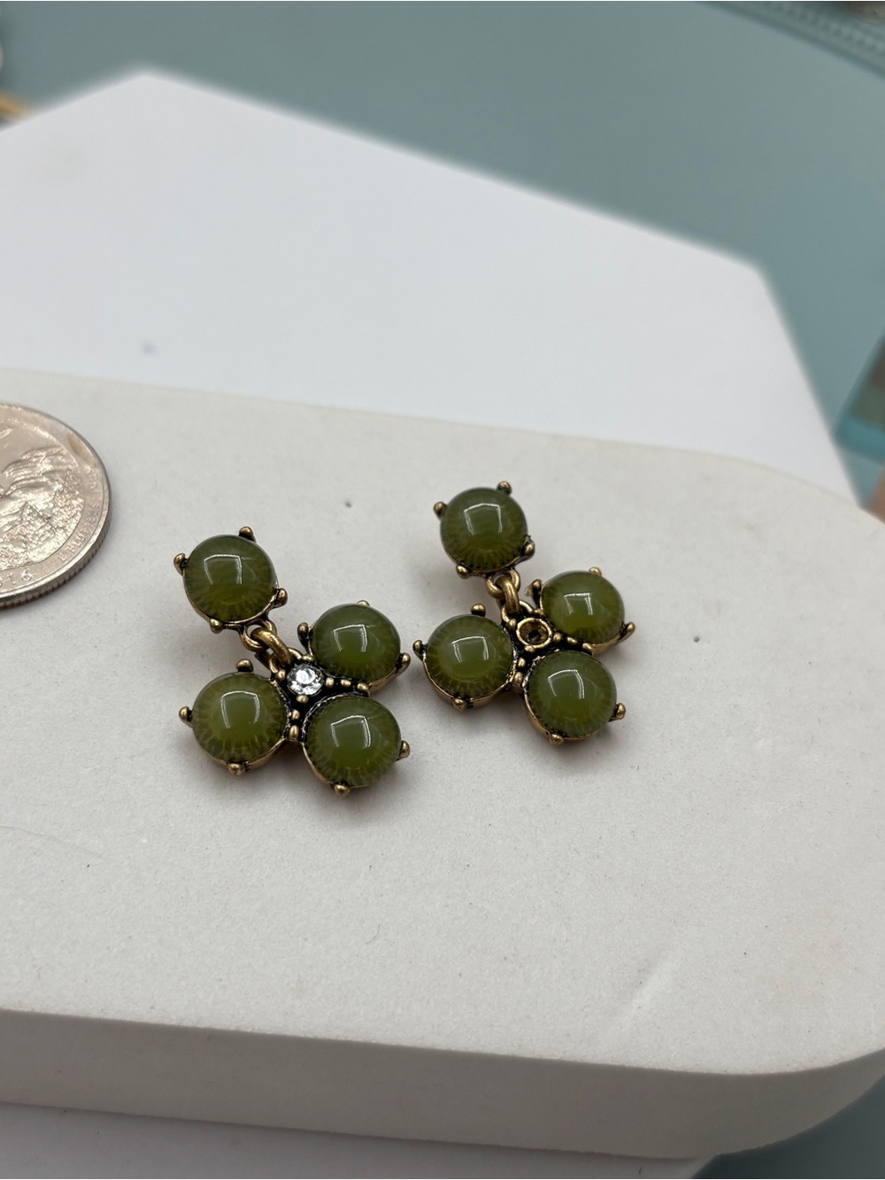 J.Crew Vintage Gold Plated Resin Crystals Drop Earrings flawed - Picture 2 of 3
